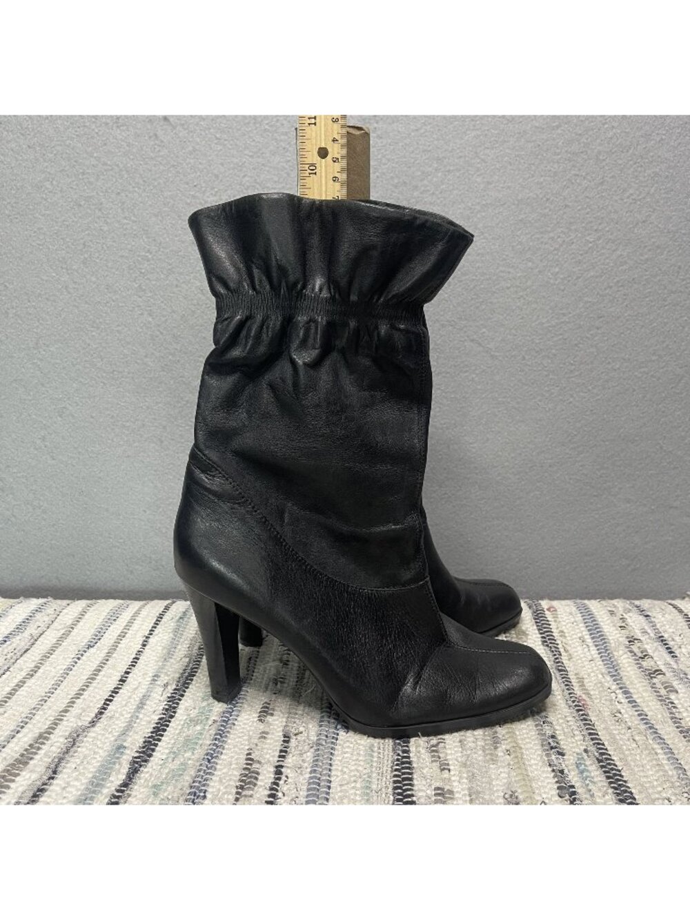Worthington Black Leather Heeled Boots Size 8M Ruched Ankle Detail